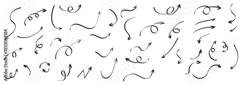 Hand drawn arrows icon set. Sketch curved arrows design. Arrow handmade. Doodle arrows shapes and directions. Pointer and cursor icons. EPS 10