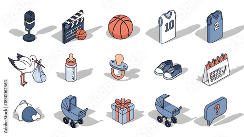 Collection of Isometric Icons Representing Childhood, Sports, and Events