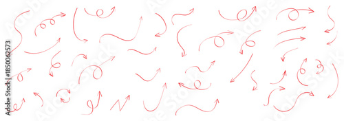 Hand drawn arrows icon set. Sketch curved arrows design. Arrow handmade. Doodle arrows shapes and directions. Pointer and cursor icons. EPS 10