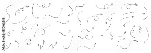 Hand drawn line arrows icons set collection. Arrow vector elements hand drawn arrows brush stroke curly arrow collection. Vector illustration isolated on white background. 