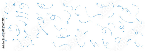 Hand drawn line arrows icons set collection. Arrow vector elements hand drawn arrows brush stroke curly arrow collection. Vector illustration isolated on white background. 