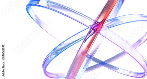 Blue science and tech 3d background with glass holographic transparent circle lines. Iridescent abstract structure of atom with purple red gradient for physics and chemistry design