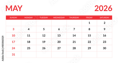 May 2026 calendar grid with red accents days of the week