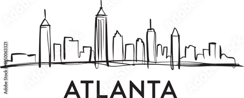 Atlanta skyline vector illustration outline drawing with city name, famous buildings landmarks