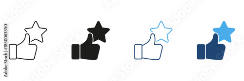 Thumbs Up With Star Line And Solid Icon Set. Positive Feedback, Approval, And Quality Rating Outline And Silhouette Symbol Collection. Isolated Vector Illustration