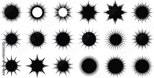 Collection of black ink splatter and explosion graphic effects