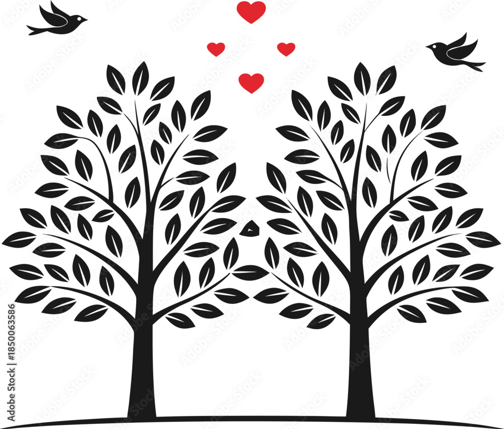 Obraz premium Two Trees with Hearts and Birds love flying