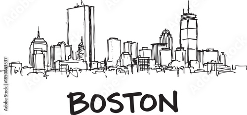 Boston skyline vector illustration outline drawing with city name, famous buildings landmarks