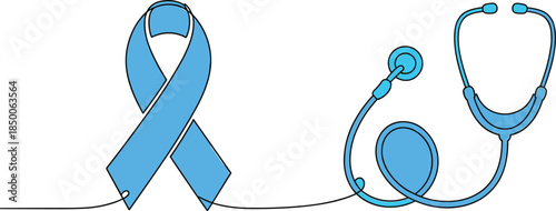 Blue medical awareness ribbon connected with stethoscope illustration symbolizing healthcare support, disease awareness, medical care, and global health advocacy