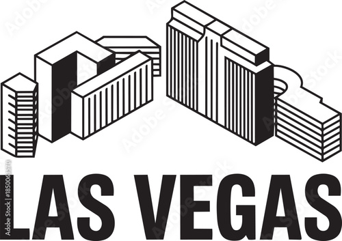 Las vegas skyline isometric illustration with text, black solid buildings on transparent background