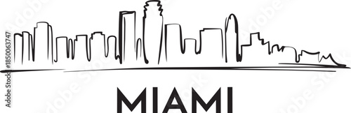 Miami city skyline sketch drawing architecture line art black on transparent background