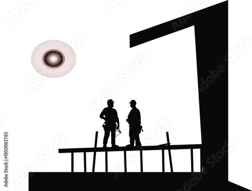 Construction workers silhouette on building site illustrating teamwork, industrial labor, engineering progress, architecture development, and workplace safety concept isolated