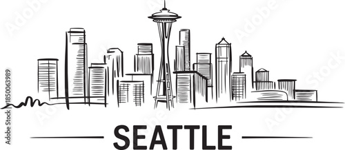 Seattle skyline sketch drawing architectural landmarks urban city vector illustration