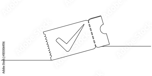 Continuous one line of a ticket with check mark, representing reliable ticketing service,hand drawn vector illustration.