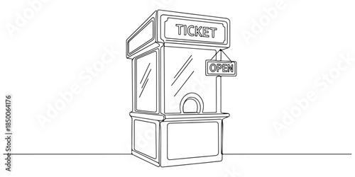 Continuous one line of a ticket booth with open sign, representing on-site ticketing service, hand drawn vector illustration.