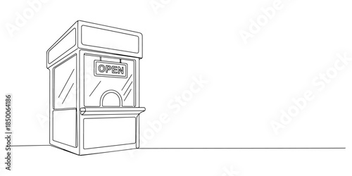 Continuous one line of a ticket booth with open sign, representing on-site ticketing service, hand drawn vector illustration.