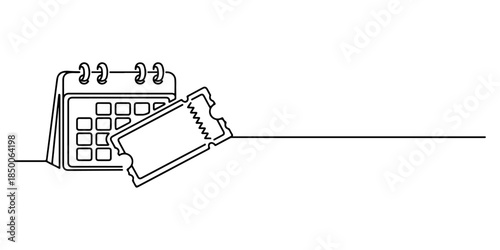 Continuous one line of a calendar combined with a ticket icon, representing scheduled event ticketing, hand drawn vector illustration.