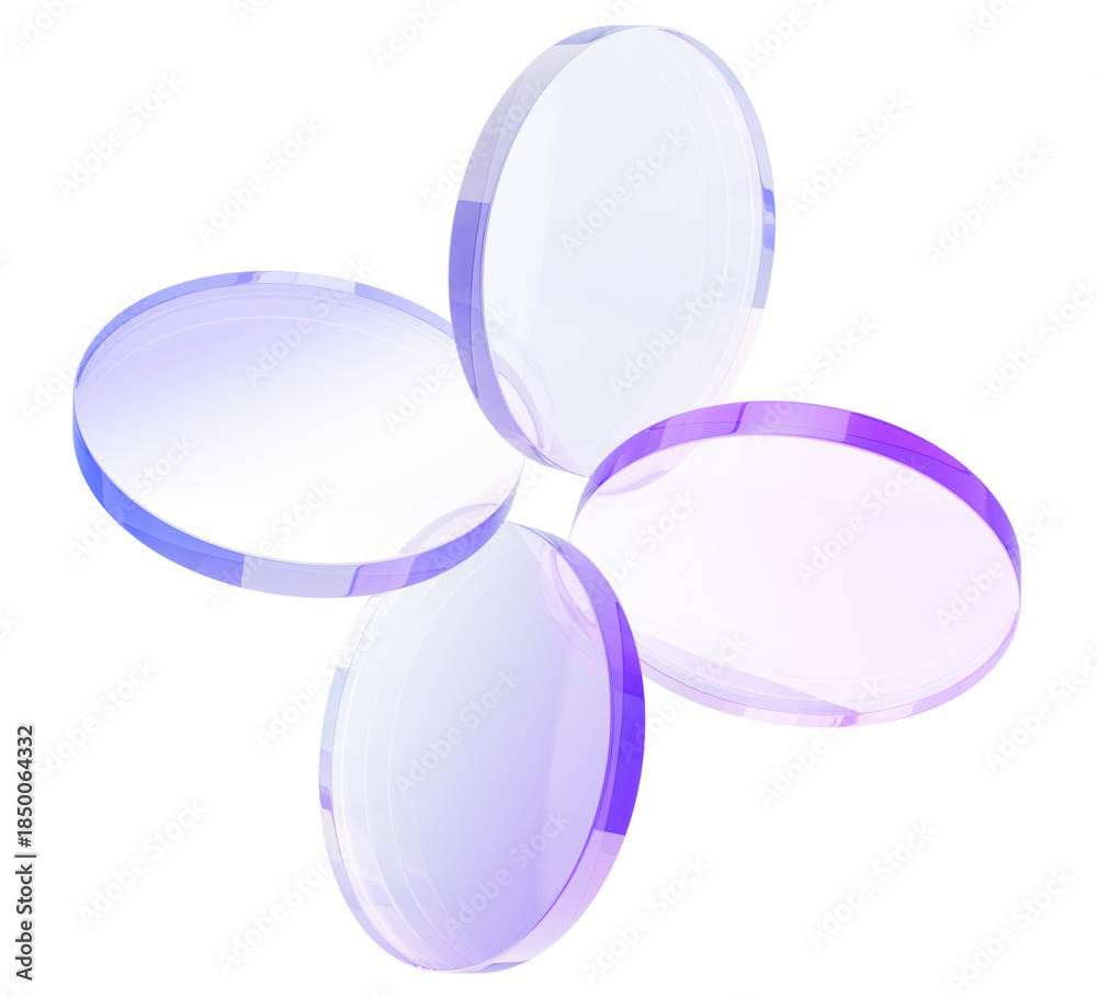 Naklejka premium Abstract flower with petals of glass holographic round discs. Iridescent geometric figure of transparent circular disks. Crystal plate shapes with purple gradient on light blue bg