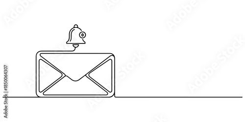 Continuous one line of a pair of ticket envelopes with notification bell, representing instant ticket confirmation service, hand drawn vector illustration.