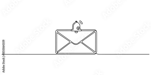 Continuous one line of a pair of ticket envelopes with notification bell, representing instant ticket confirmation service, hand drawn vector illustration.
