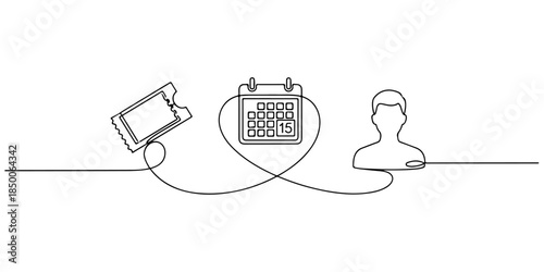 Continuous one line of a pair of continuous loops connecting ticket, calendar, and user icons, representing seamless ticketing workflow, hand drawn vector illustration.