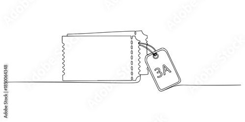 Continuous one line of a pair of tickets with seat number tag, representing reserved seating ticket service, hand drawn vector illustration.