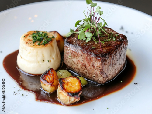 Exquisite Steak Fine Dining Experience – Perfectly Cooked Premium Cut with Artistic Plating	