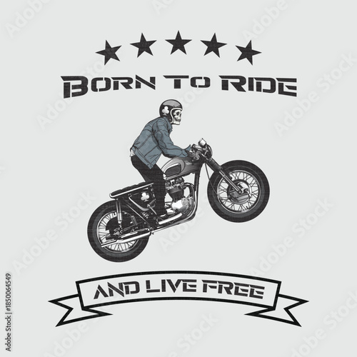 Vintage motorcycle rider illustration with "Born to Ride and Live Free" text, vector biker design for t-shirt.