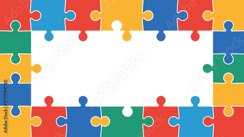 Abstract colorful jigsaw puzzle border frame with checkered transparent background representing teamwork and problem solving