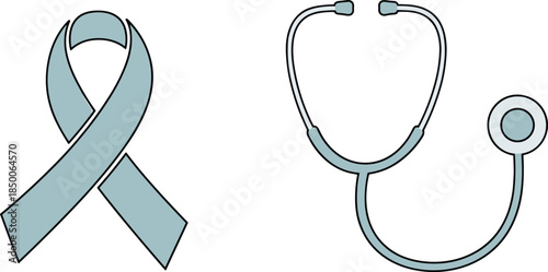 Medical awareness ribbon and stethoscope illustration representing healthcare support, disease prevention, clinical care, health advocacy symbols isolated on white background