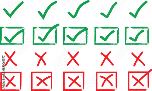 Green checkmarks and red crosses checklist symbols on white background