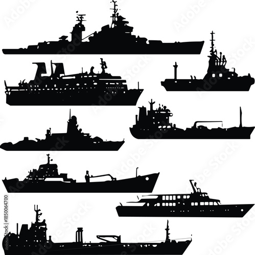 Military naval warship silhouettes collection illustrating modern maritime defense vessels, combat ships, ocean security forces isolated on white background