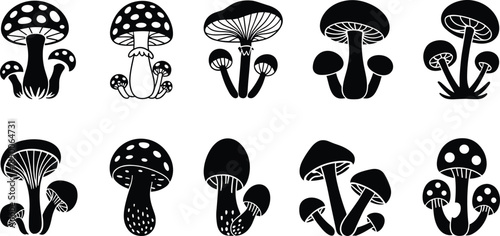 Mushroom silhouettes collection illustrating forest fungi varieties, botanical nature elements, toadstool shapes, organic wildlife design isolated on white background
