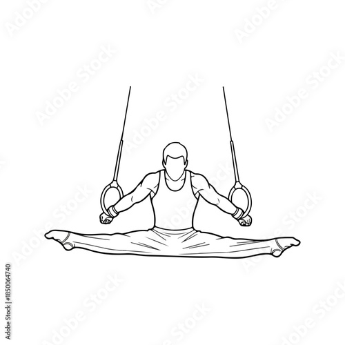Gymnast performing straddle split on rings.