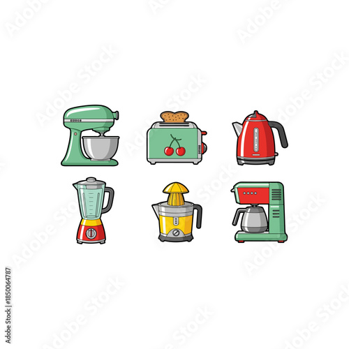 Retro style kitchen appliances vector illustration set including mixer, toaster, kettle, blender, juicer, coffee maker