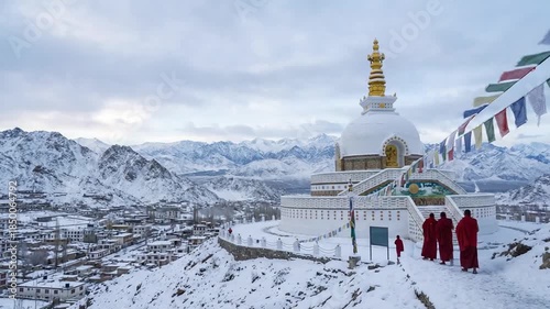monastery, shanti stupa leh ladakh covered in snow, india video 