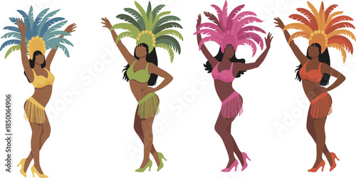 Carnival samba dancers illustration set with colorful feather costumes, Brazilian festival women characters isolated on white background, vibrant cultural dance vector artwork