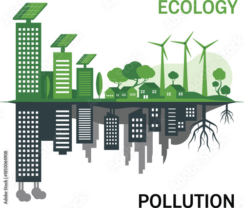 Ecology versus pollution concept illustration showing green sustainable city above and polluted urban environment below, renewable energy, environmental protection, climate change 