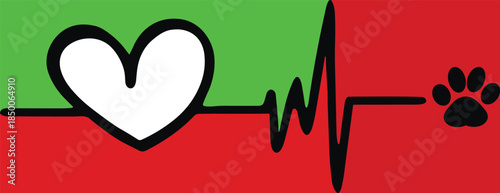 Pet heartbeat illustration, heart and paw symbol, animal love, veterinary care concept, pet health monitor, heartbeat line, colorful vector design