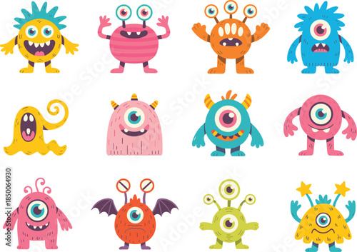 Cute colorful cartoon monster characters illustration set, funny fantasy creatures with big eyes, playful mascots for kids, games, stickers, and creative design projects