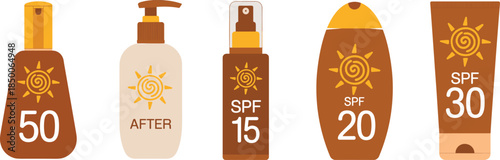 Cartoon sunscreen and skincare bottles illustration set with SPF protection icons, summer sun care cosmetics collection isolated on white background, flat vector design