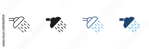 Showerhead With Water Droplets Line And Solid Icon Set. Bathroom Fixture, Hygiene, And Water Flow Outline And Silhouette Symbol Collection. Home And Personal Care. Isolated Vector Illustration