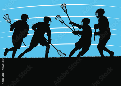 Silhouettes of lacrosse players in action against blue background – ideal for sports graphics, team branding, athletic posters, and dynamic illustrations.