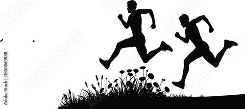 Running athletes silhouette illustration showing speed, fitness training, outdoor workout, competitive sport action, healthy active lifestyle concept isolated