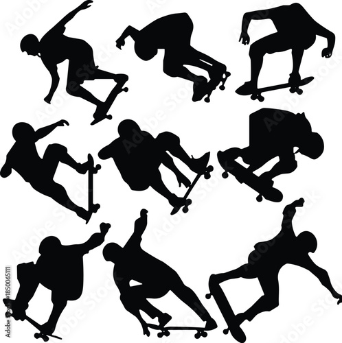 Skateboarder silhouettes performing tricks and jumps isolated on white background representing street culture extreme sports motion and youth lifestyle