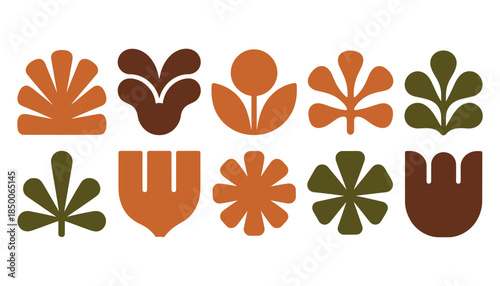 Collection of abstract organic shapes in brown orange and green on white background floral
