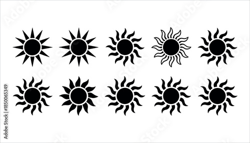 Collection of black sun with varying ray styles on a white background symbol solar celestial star