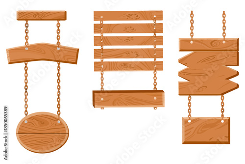 Minimalist cartoon wood signage set, clean vector edges, subtle highlights, blank surfaces