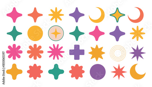 Collection of colorful abstract geometric shapes and celestial on white background stars