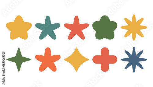 Collection of ten abstract organic shapes in warm and cool colors on a white background star shape flower shape